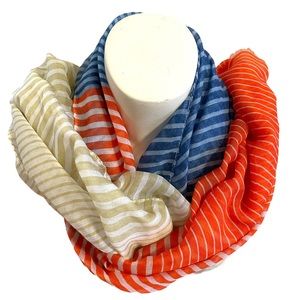 Multicolor striped scarf. Lightweight. Orange, blue, cream.